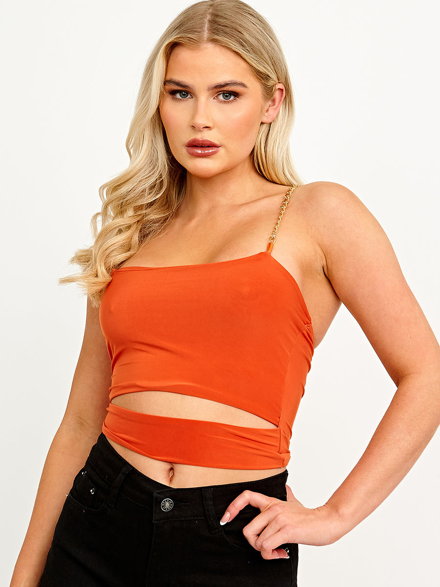 Chain Strap Slinky Crop Top With Cut Out Detail