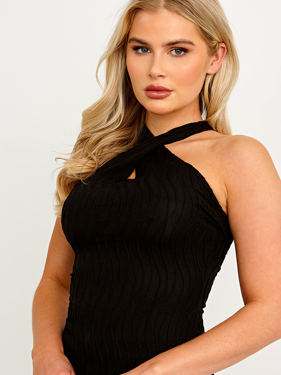 Cross Front Textured Halter Top