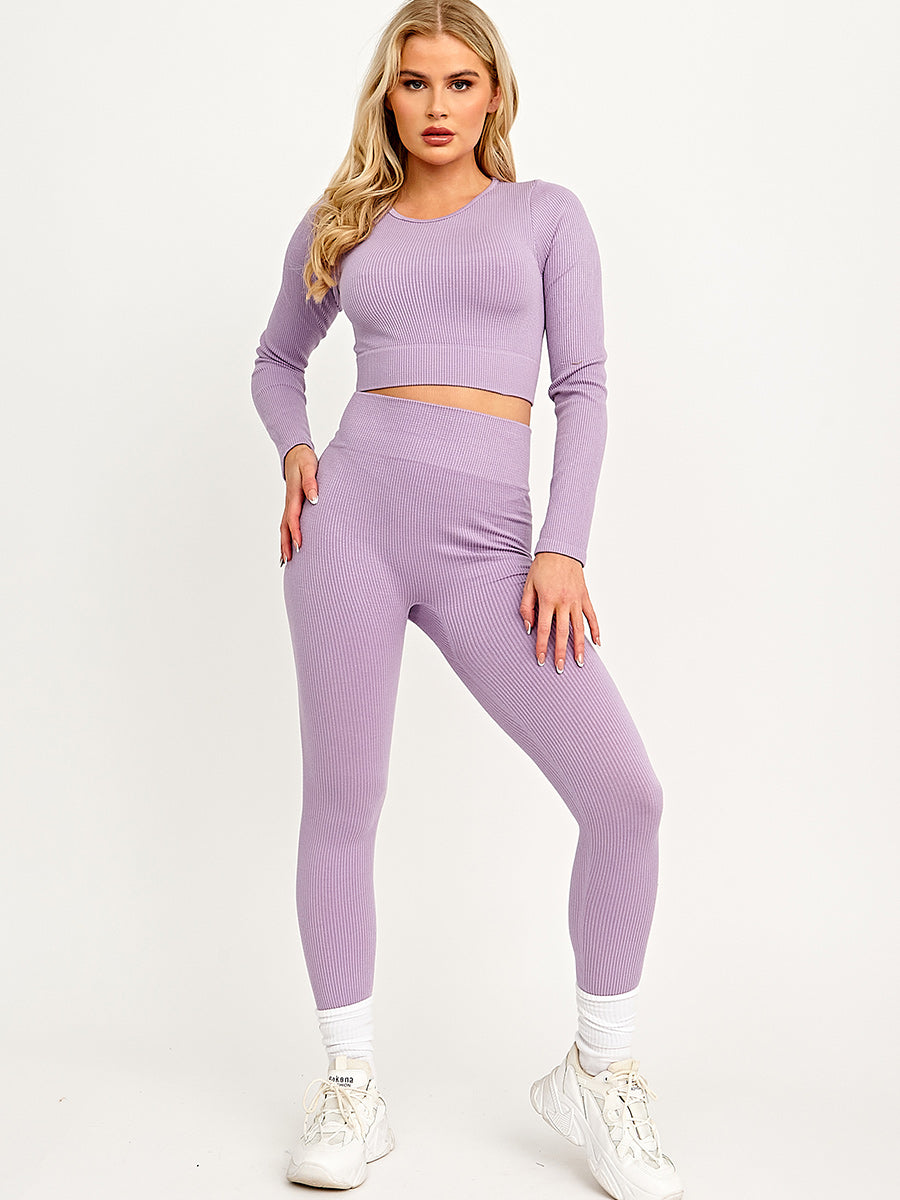Long Sleeves Ribbed Crop Top & Leggings Co-ord