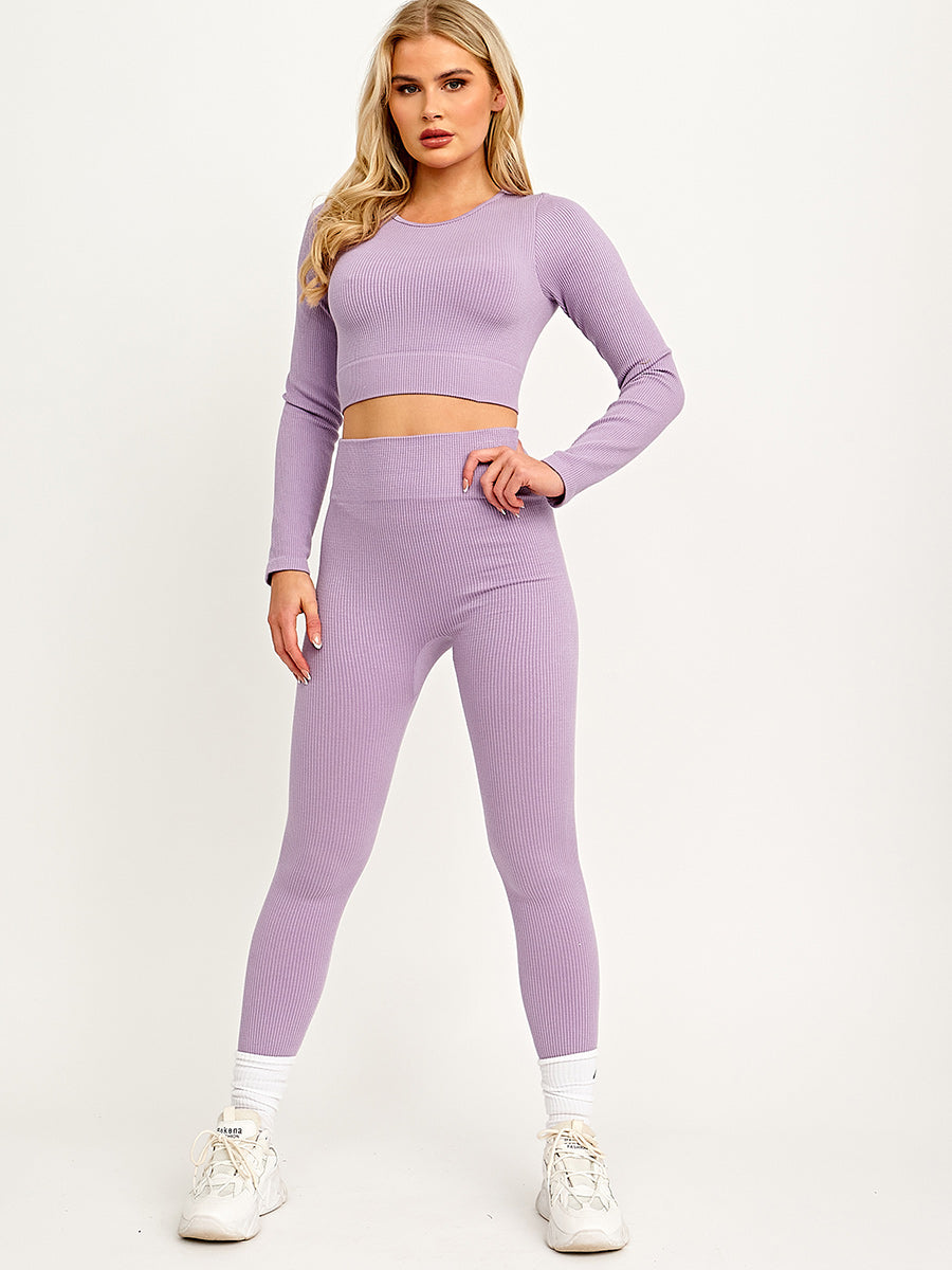 Long Sleeves Ribbed Crop Top & Leggings Co-ord