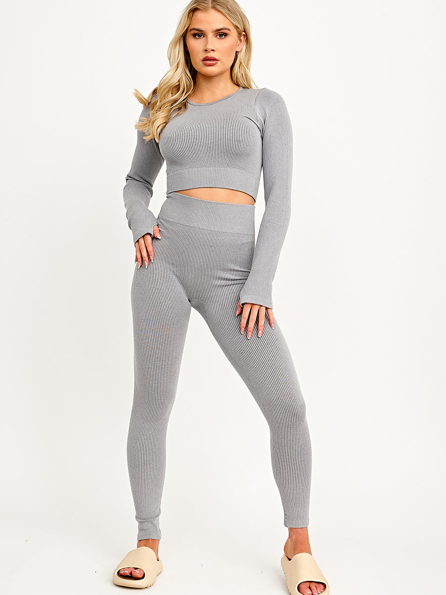 Long Sleeves Ribbed Crop Top & Leggings Co-ord