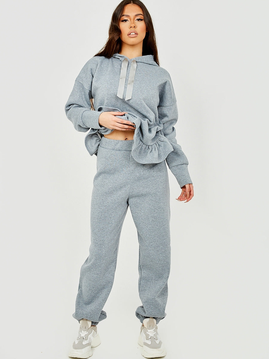 Satin Drawstring Frill Hem Hoodie Fleece Co-ord