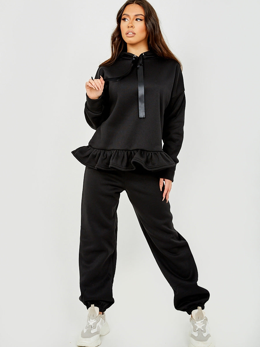 Satin Drawstring Frill Hem Hoodie Fleece Co-ord