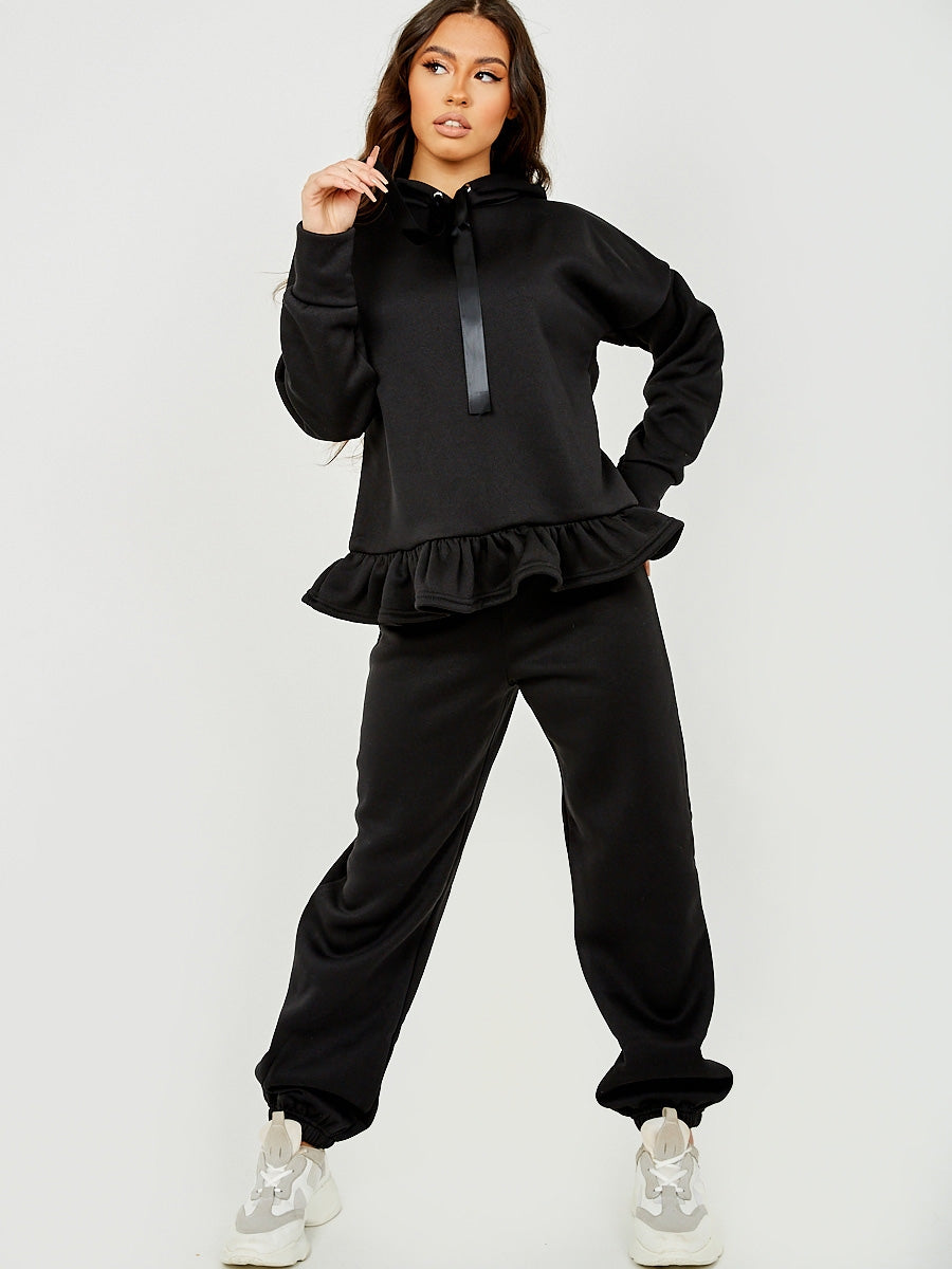 Satin Drawstring Frill Hem Hoodie Fleece Co-ord