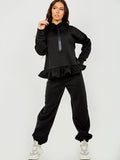 Satin Drawstring Frill Hem Hoodie Fleece Co-ord