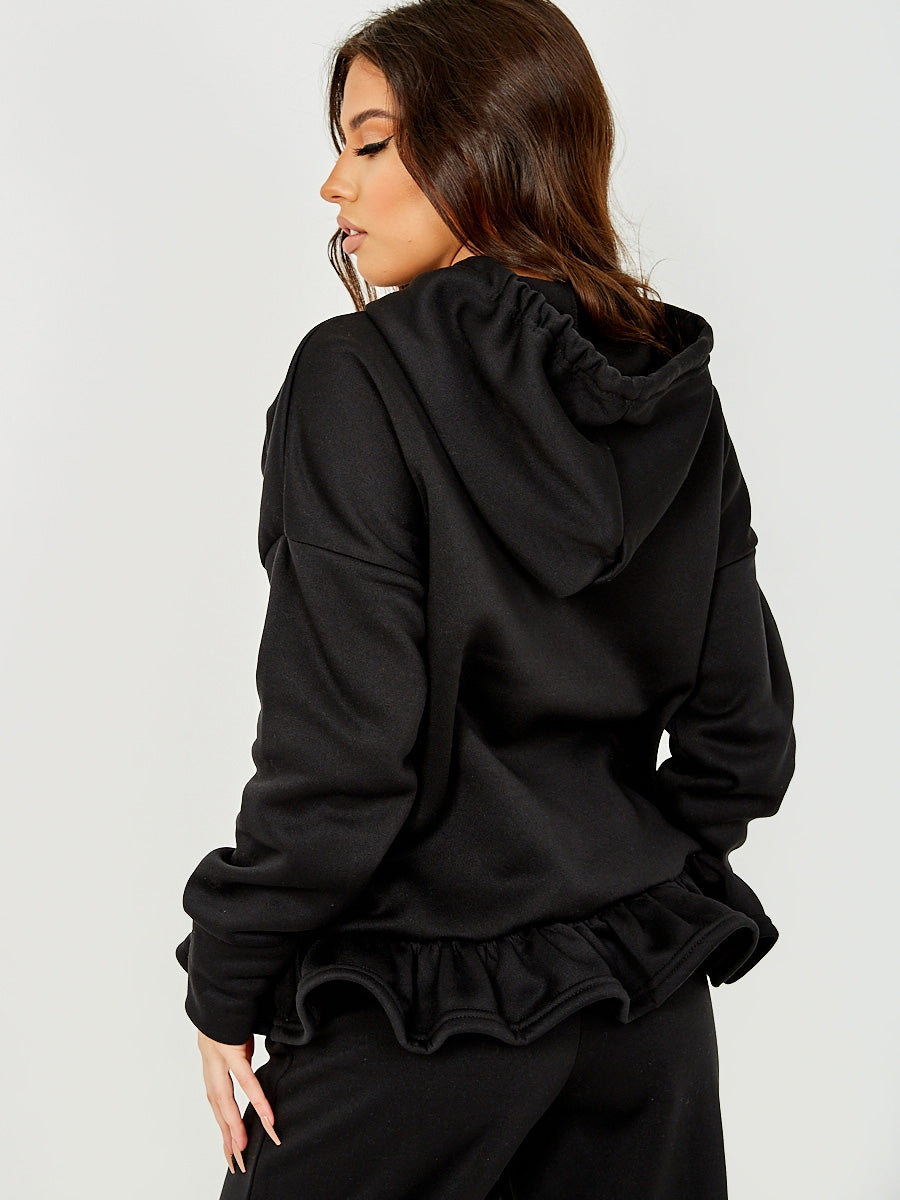 Satin Drawstring Frill Hem Hoodie Fleece Co-ord