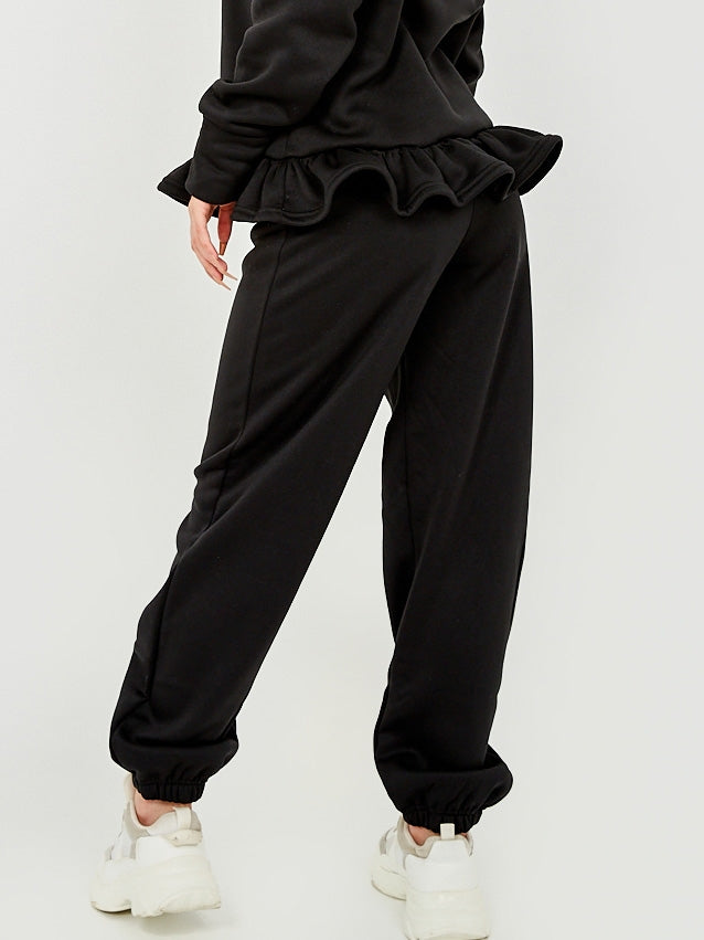 Satin Drawstring Frill Hem Hoodie Fleece Co-ord