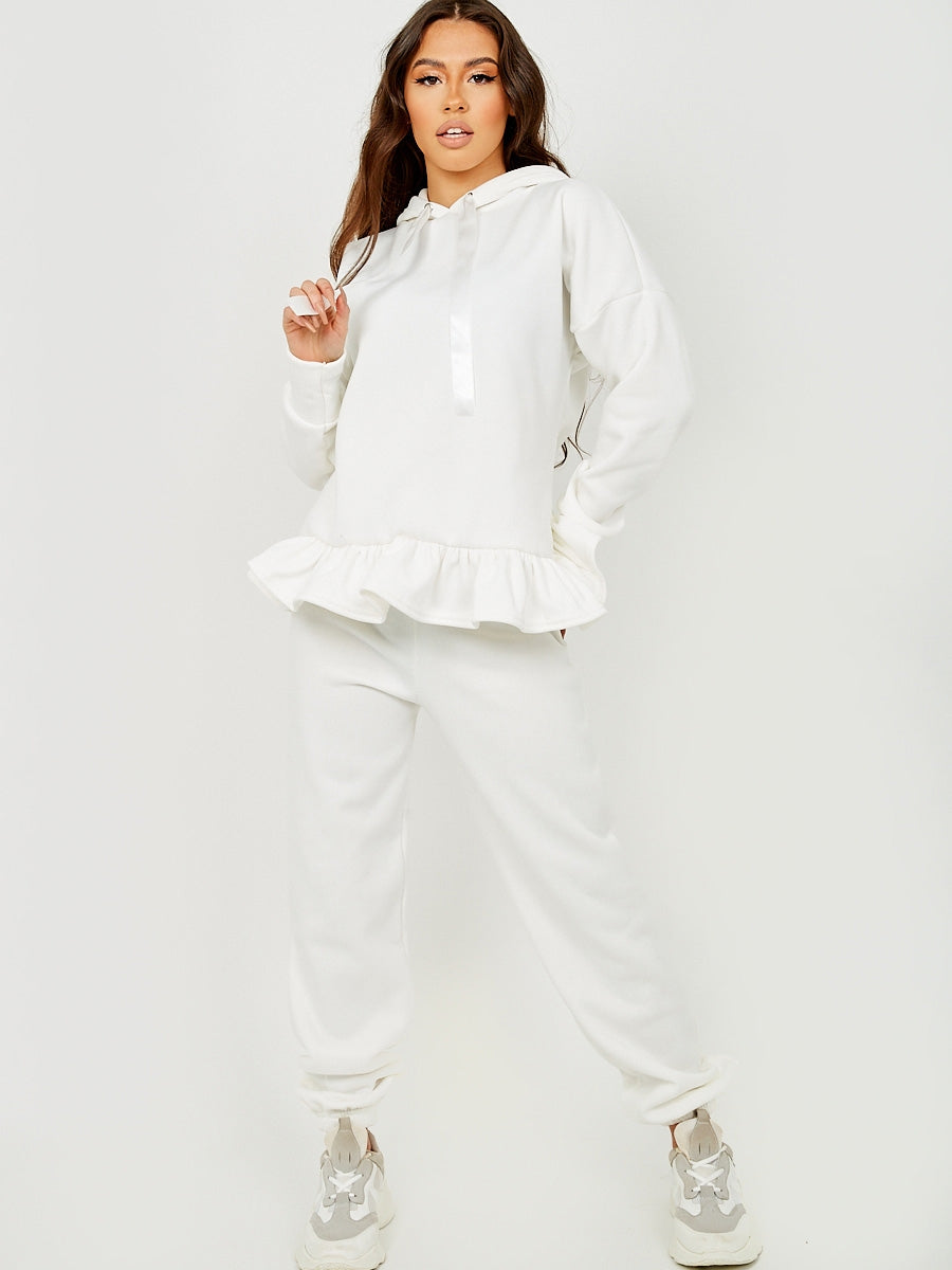 Satin Drawstring Frill Hem Hoodie Fleece Co-ord
