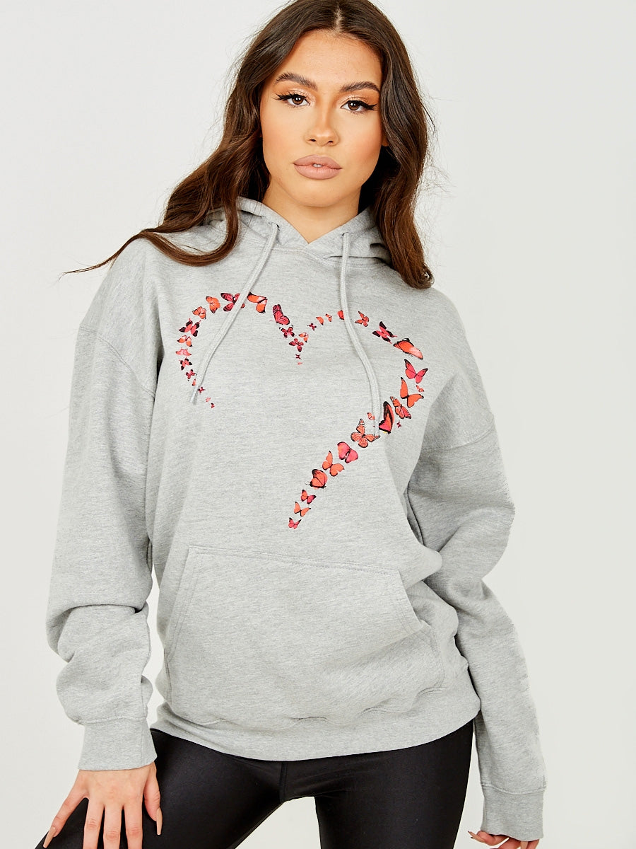 Butterfly Heart Graphic Fleeced Hoodie