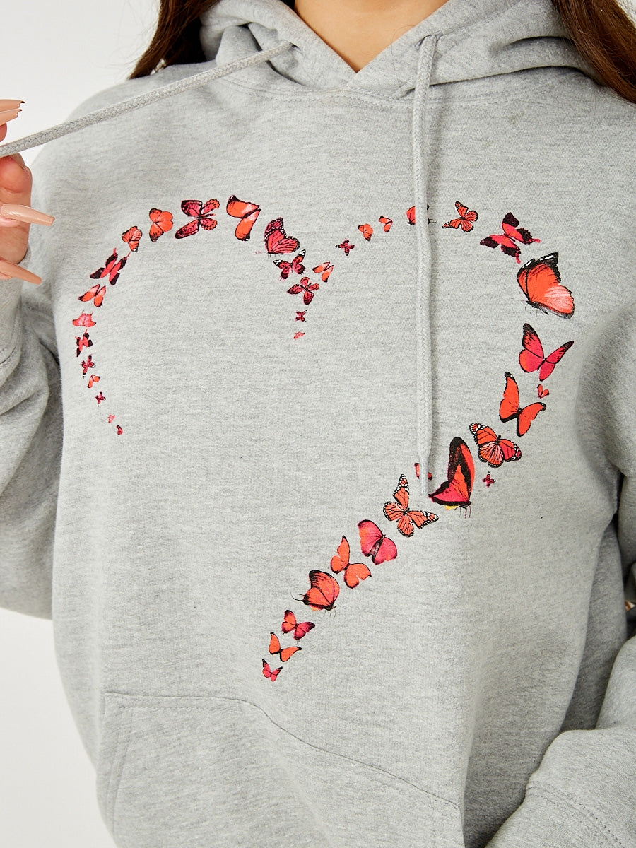Butterfly Heart Graphic Fleeced Hoodie