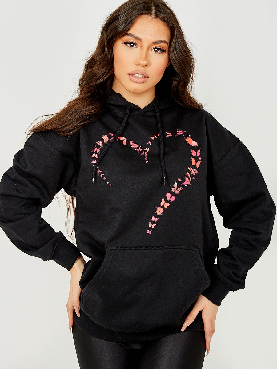 Butterfly Heart Graphic Fleeced Hoodie