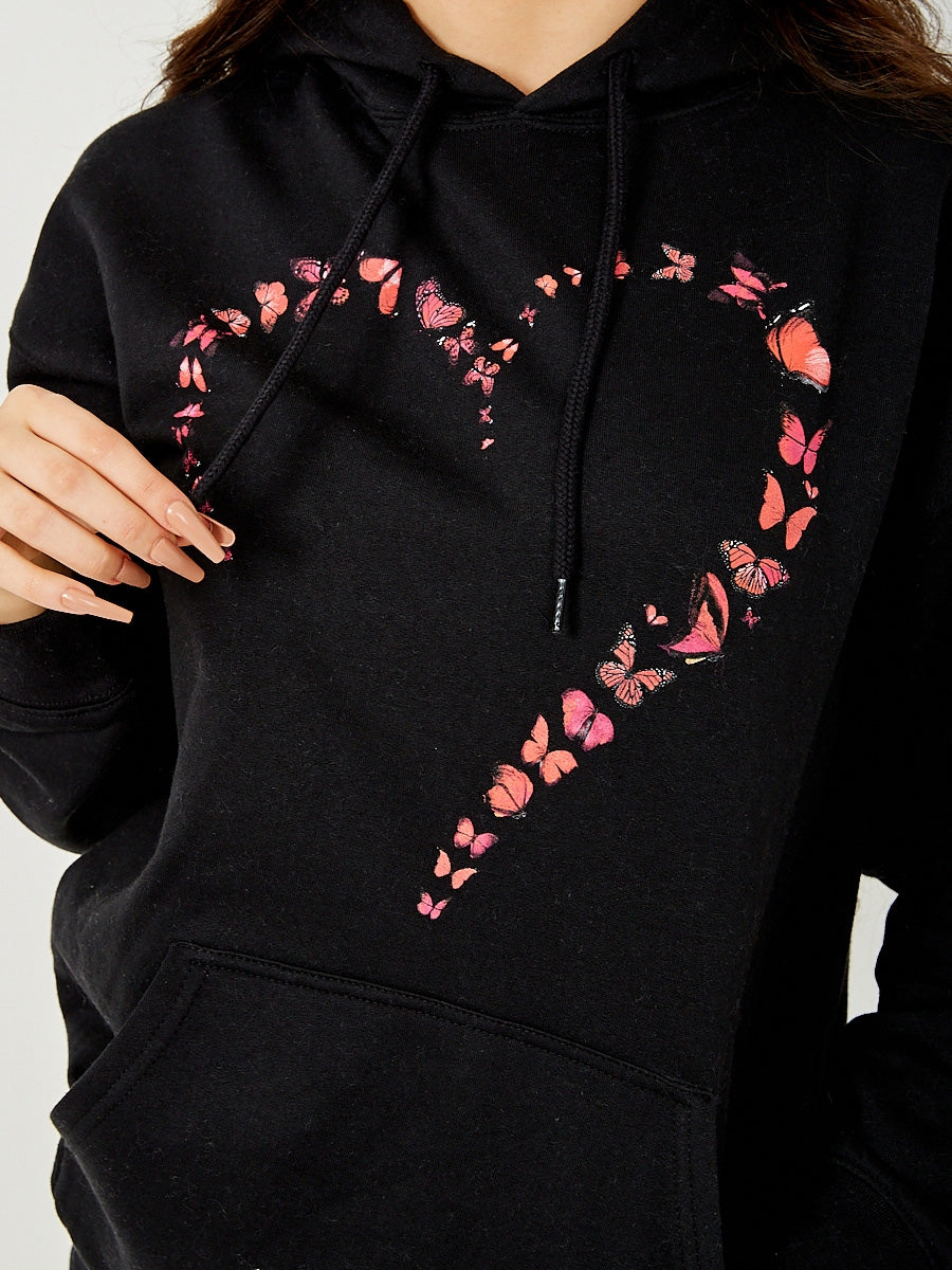 Butterfly Heart Graphic Fleeced Hoodie