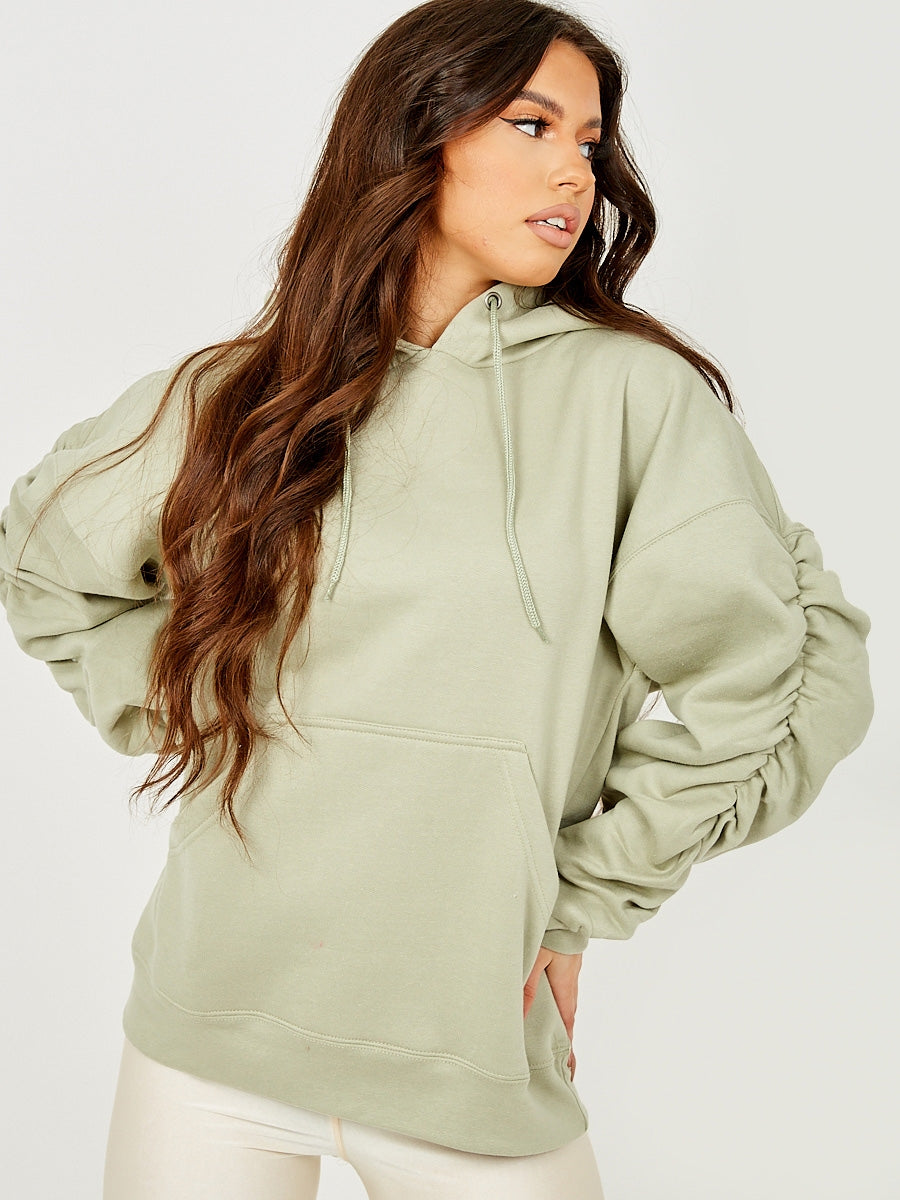 Ruched Sleeves Fleeced Hoodie