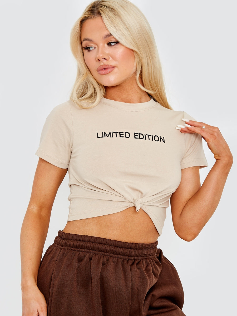 Limited Edition Embroidered Knot Front Crop Top