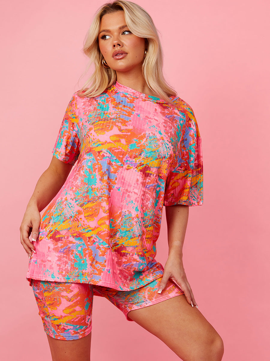 Watercolour Print Oversized Top & Shorts Co-ord