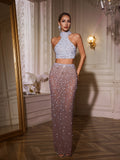 Taelyra Halterneck Crystal Pearl Skirt Set