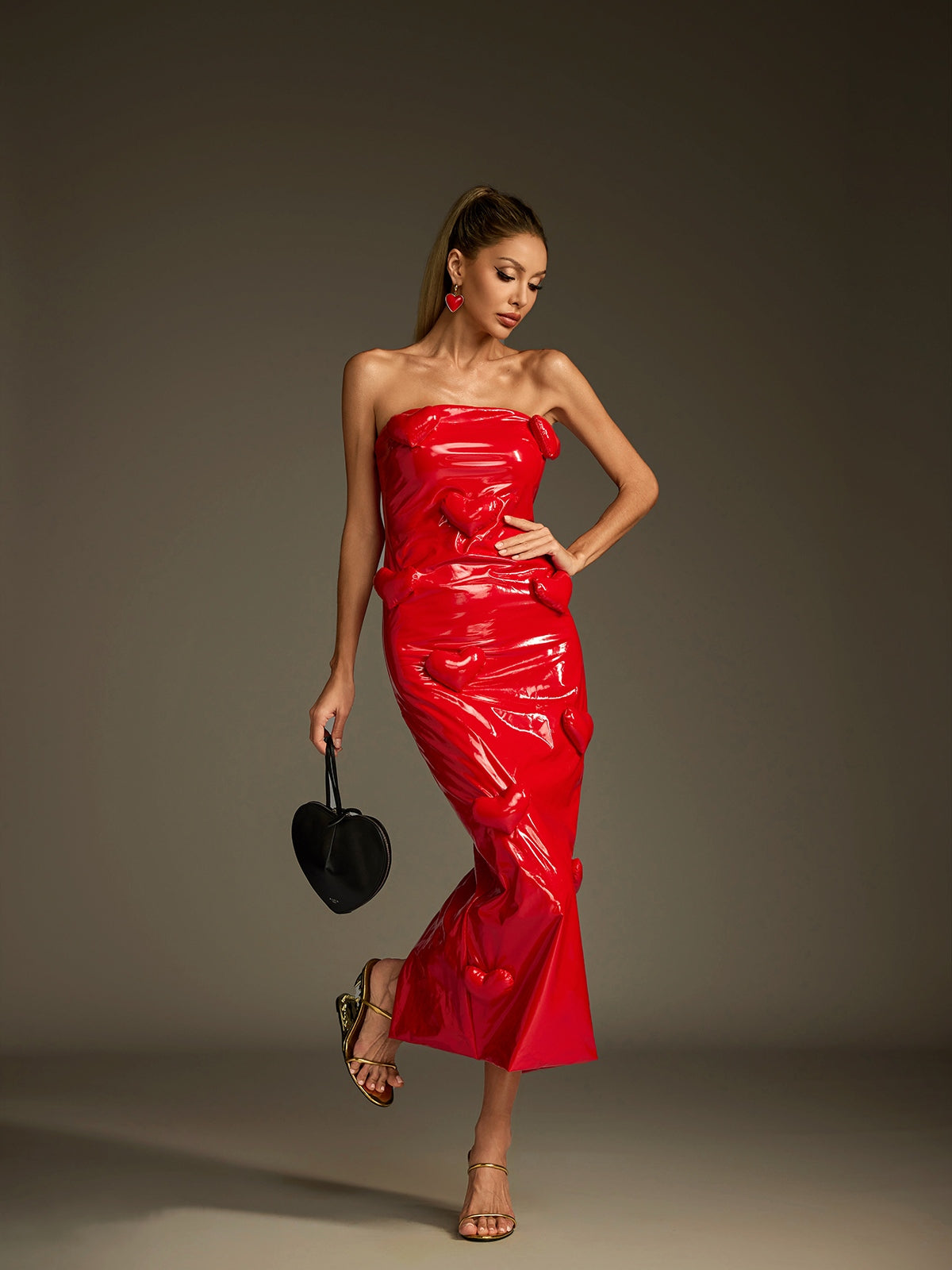 Taron Strapless Heart Leather Midi Dress
