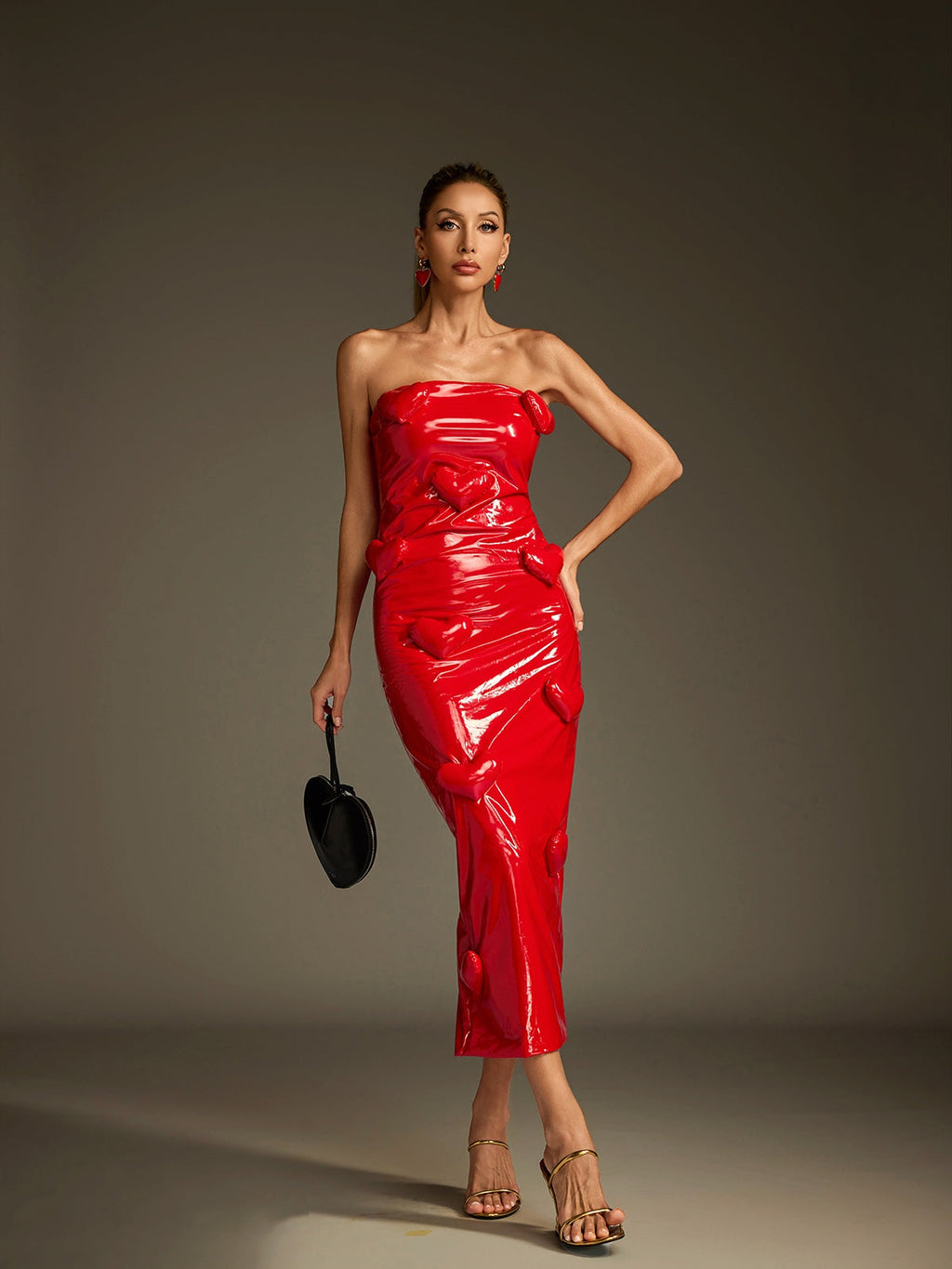Taron Strapless Heart Leather Midi Dress