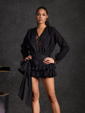 Ulaeron V Neck Lace Bow Mini Dress In Black