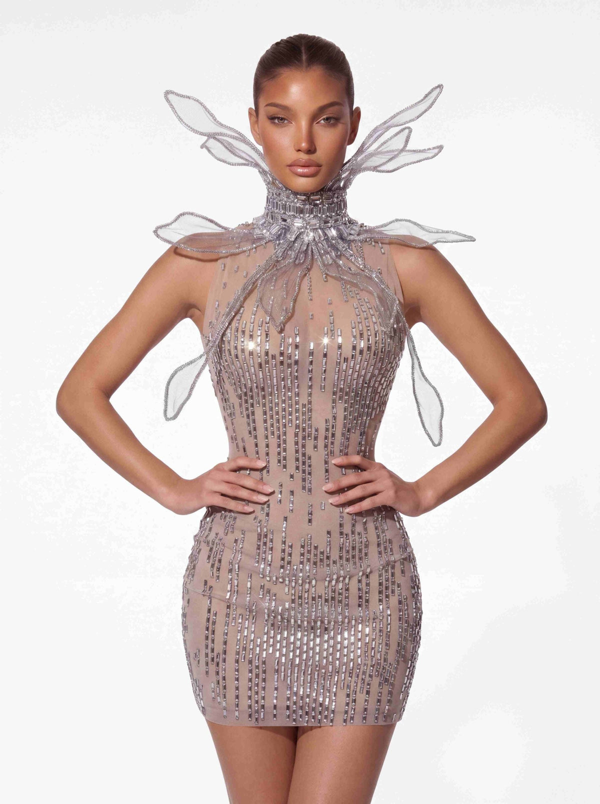 Ulverion High Neck Crystal Butterfly Mini Dress
