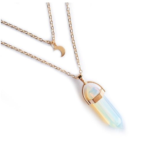 Unisex Crystal Moon & Hexagonal Turquoise Pendant Necklace