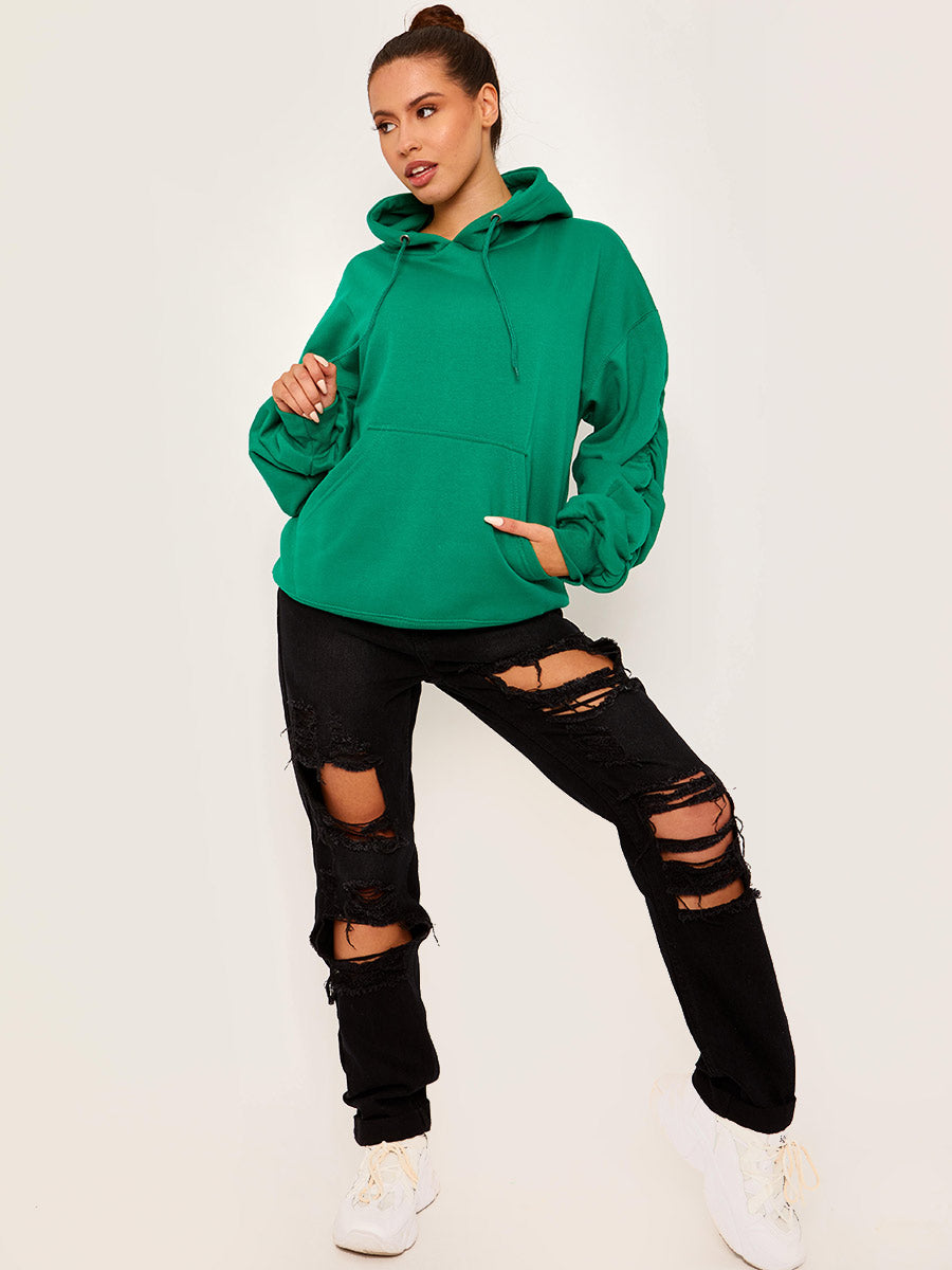 Ruched Sleeves Fleeced Hoodie