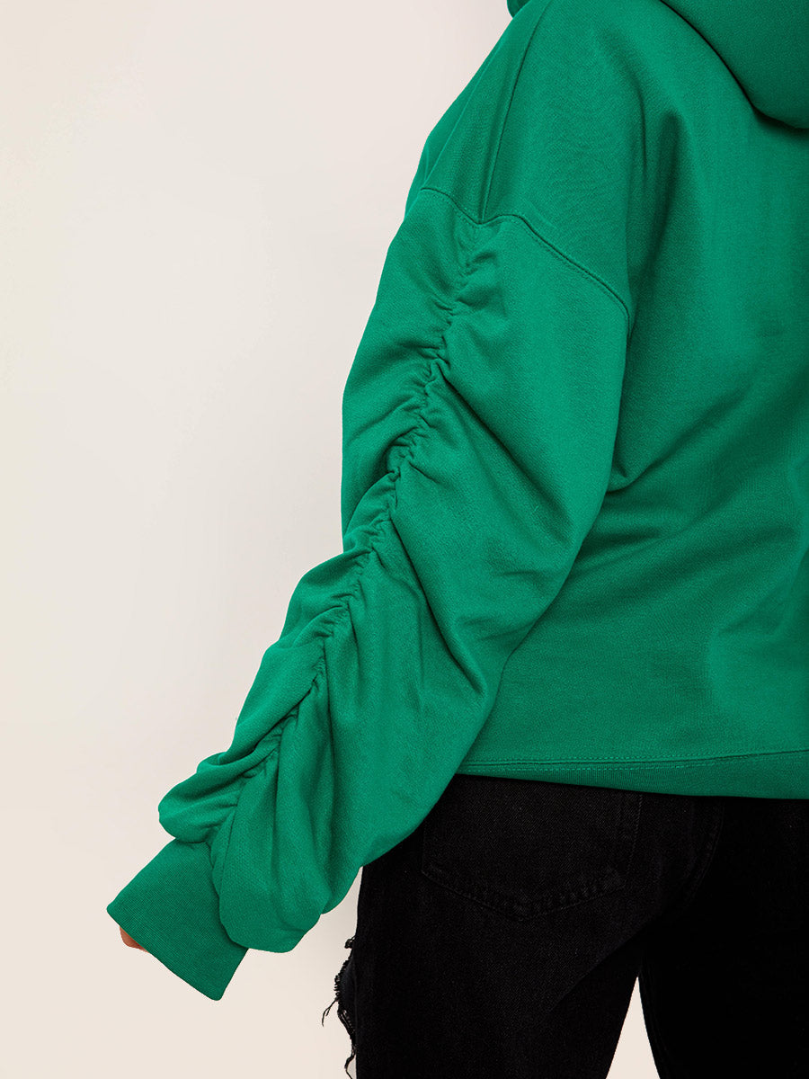 Ruched Sleeves Fleeced Hoodie