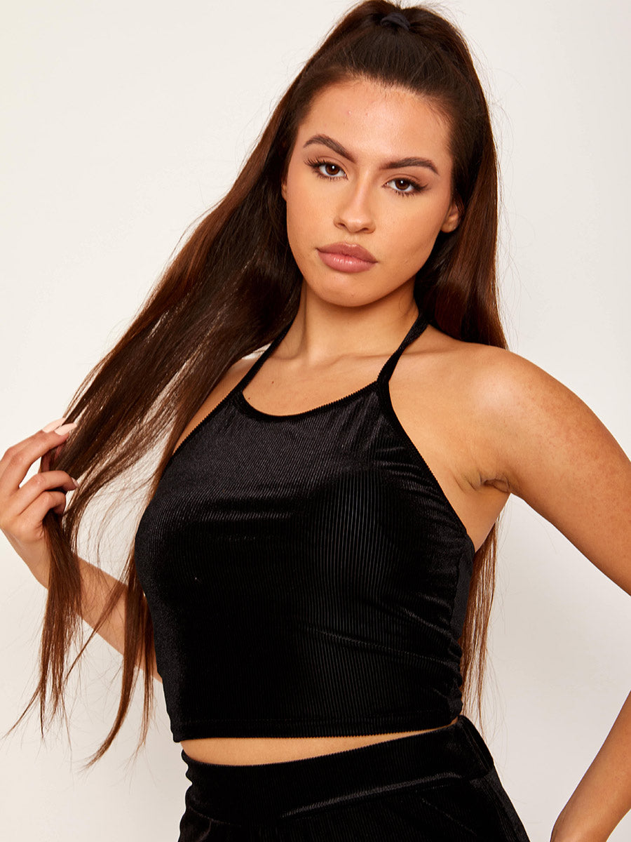 Velour Ribbed Halter Neck Crop Top