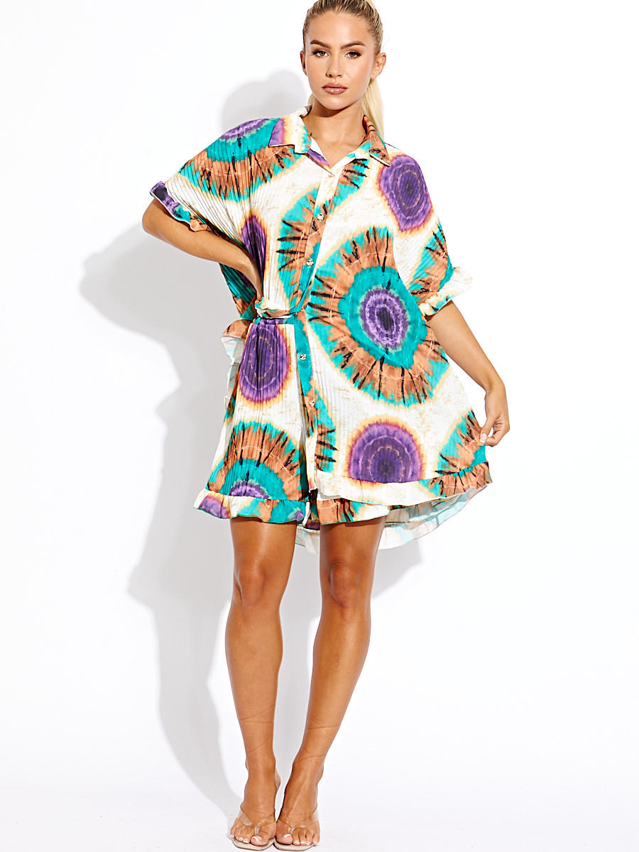 Spiral Tie-Dye Plisse Detail Oversized Shirt & Shorts Co-ord