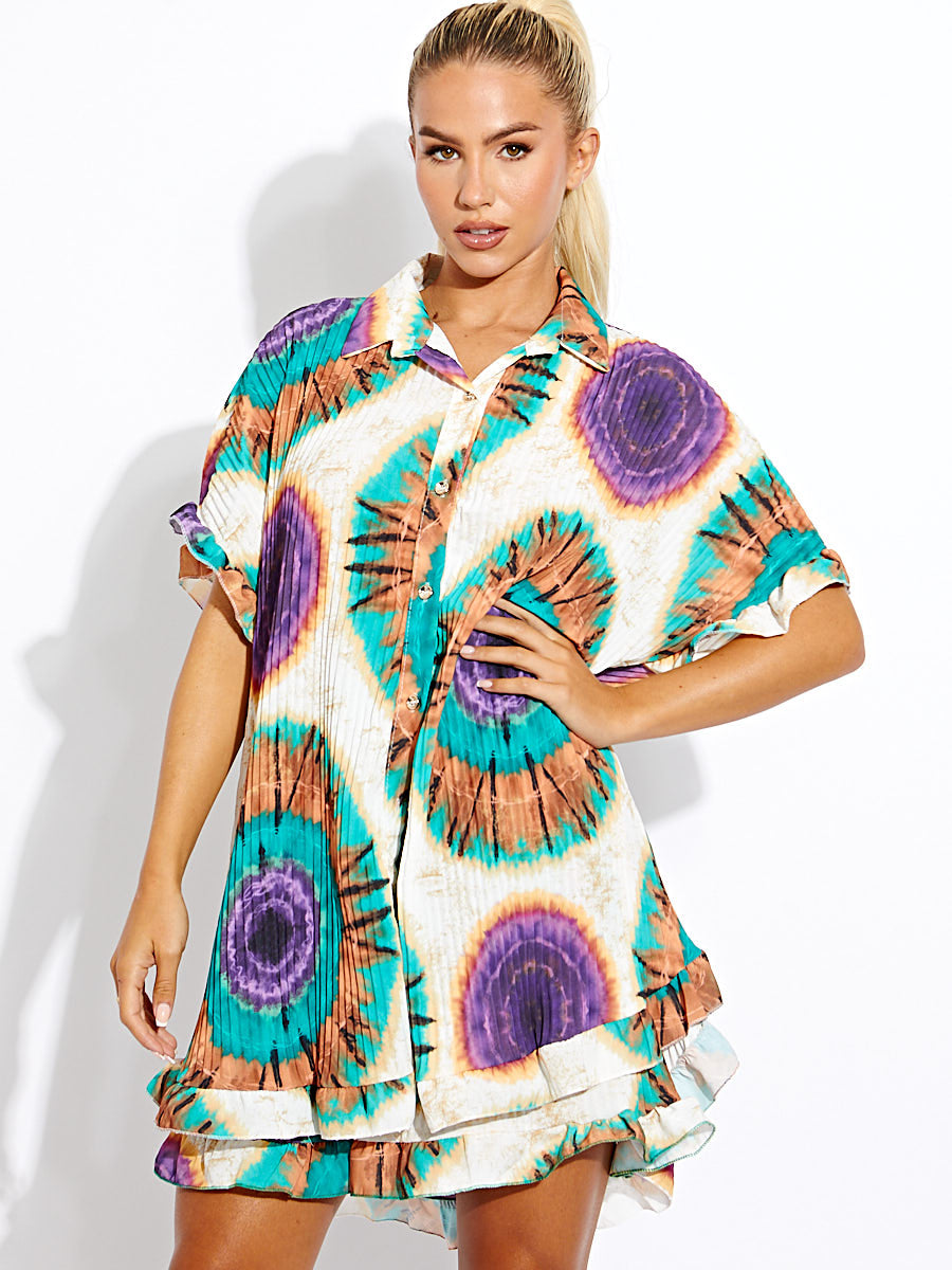 Spiral Tie-Dye Plisse Detail Oversized Shirt & Shorts Co-ord