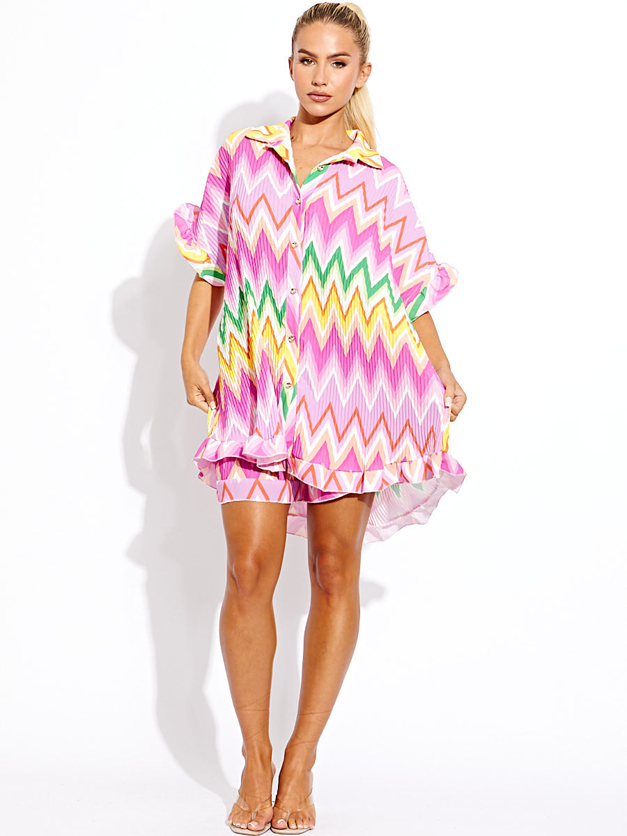 Zig Zag Plisse Detail Oversized Shirt & Shorts Co-ord