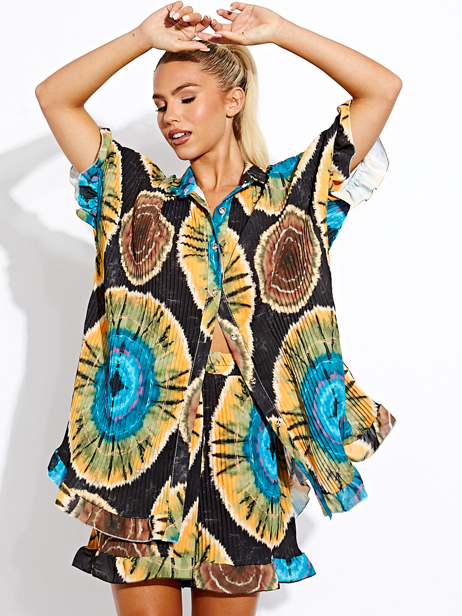 Spiral Tie-Dye Plisse Detail Oversized Shirt & Shorts Co-ord
