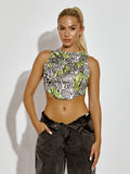 Animal Print Asymmetric Hem Ribbed Crop Top