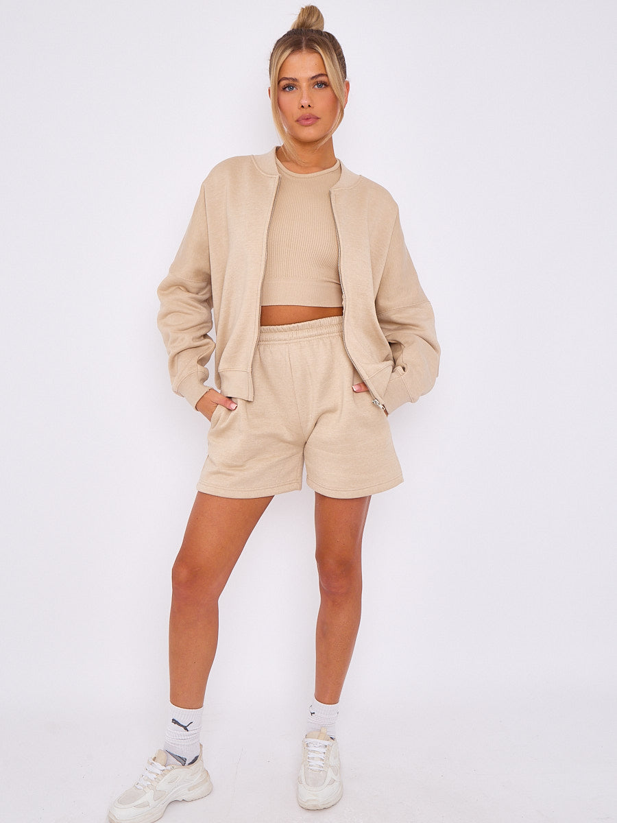 Oversized Bomber Style Fleece Zipper & Shorts Co-ord