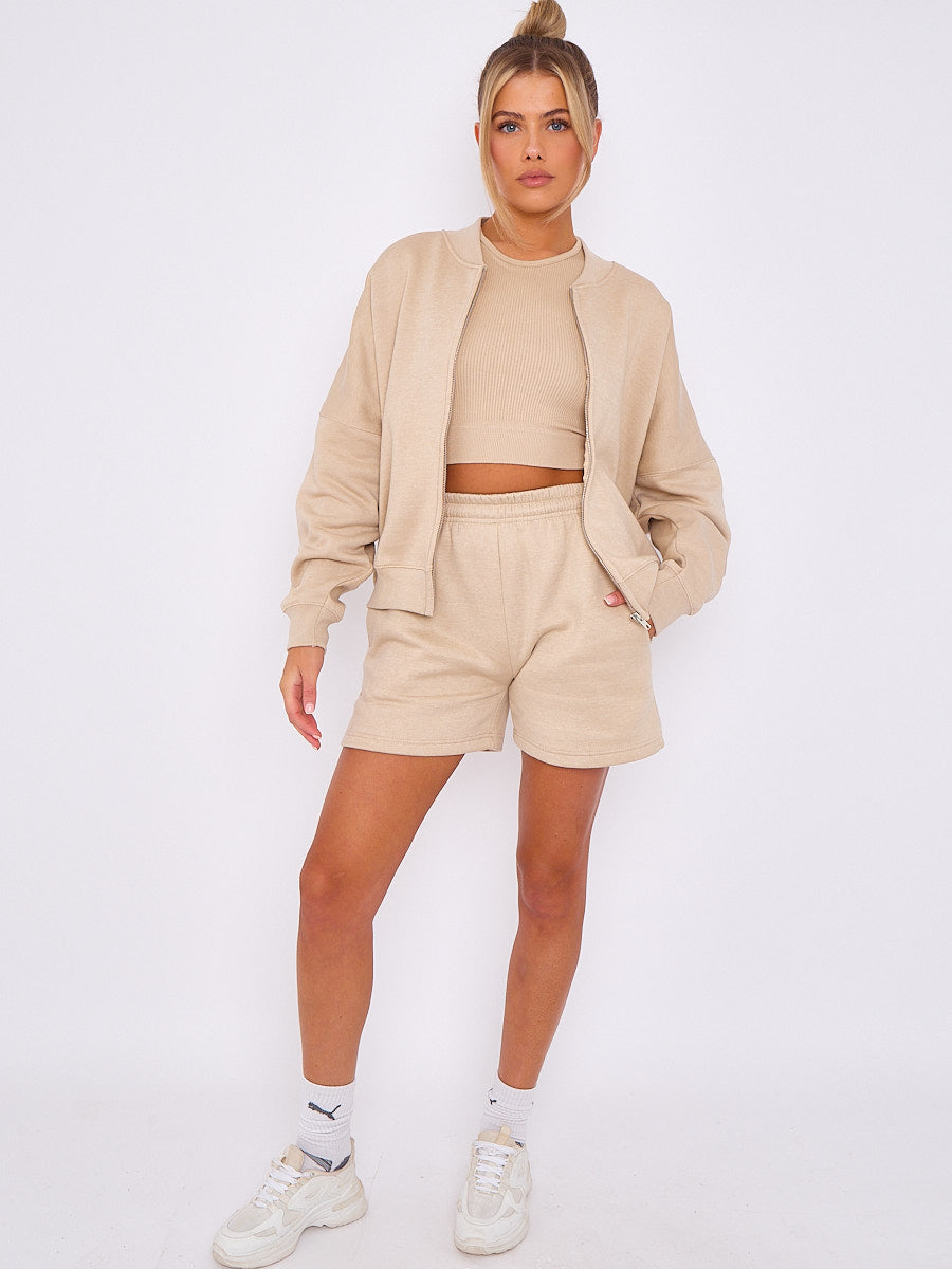 Oversized Bomber Style Fleece Zipper & Shorts Co-ord