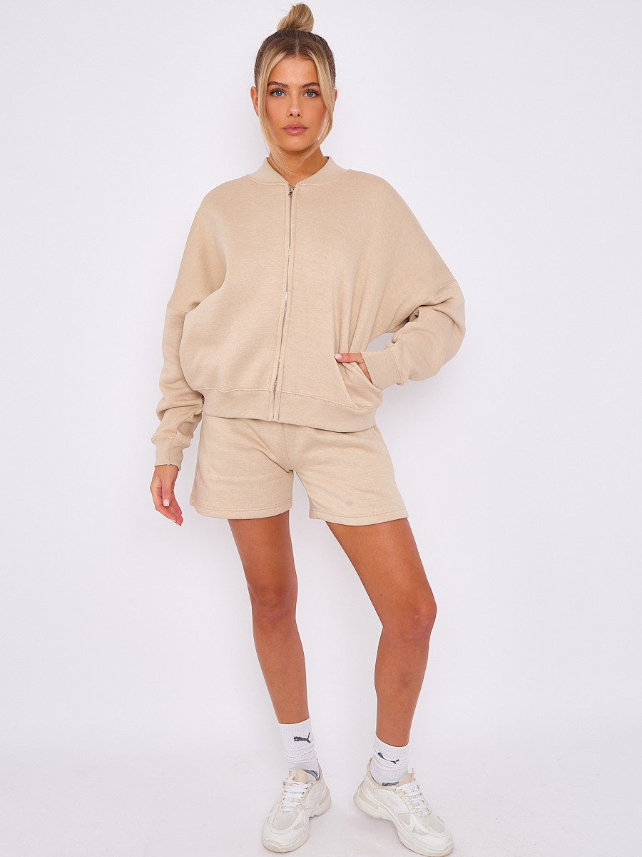 Oversized Bomber Style Fleece Zipper & Shorts Co-ord