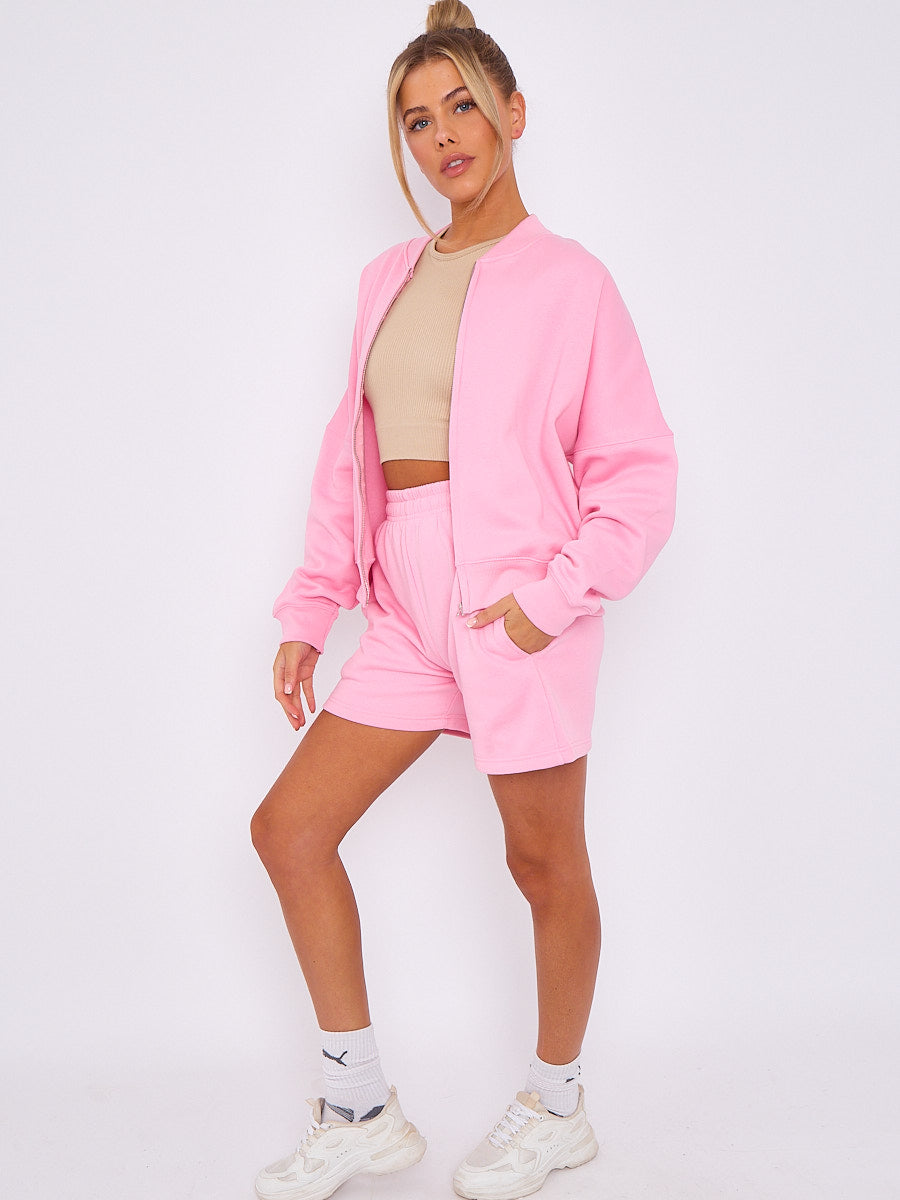 Oversized Bomber Style Fleece Zipper & Shorts Co-ord