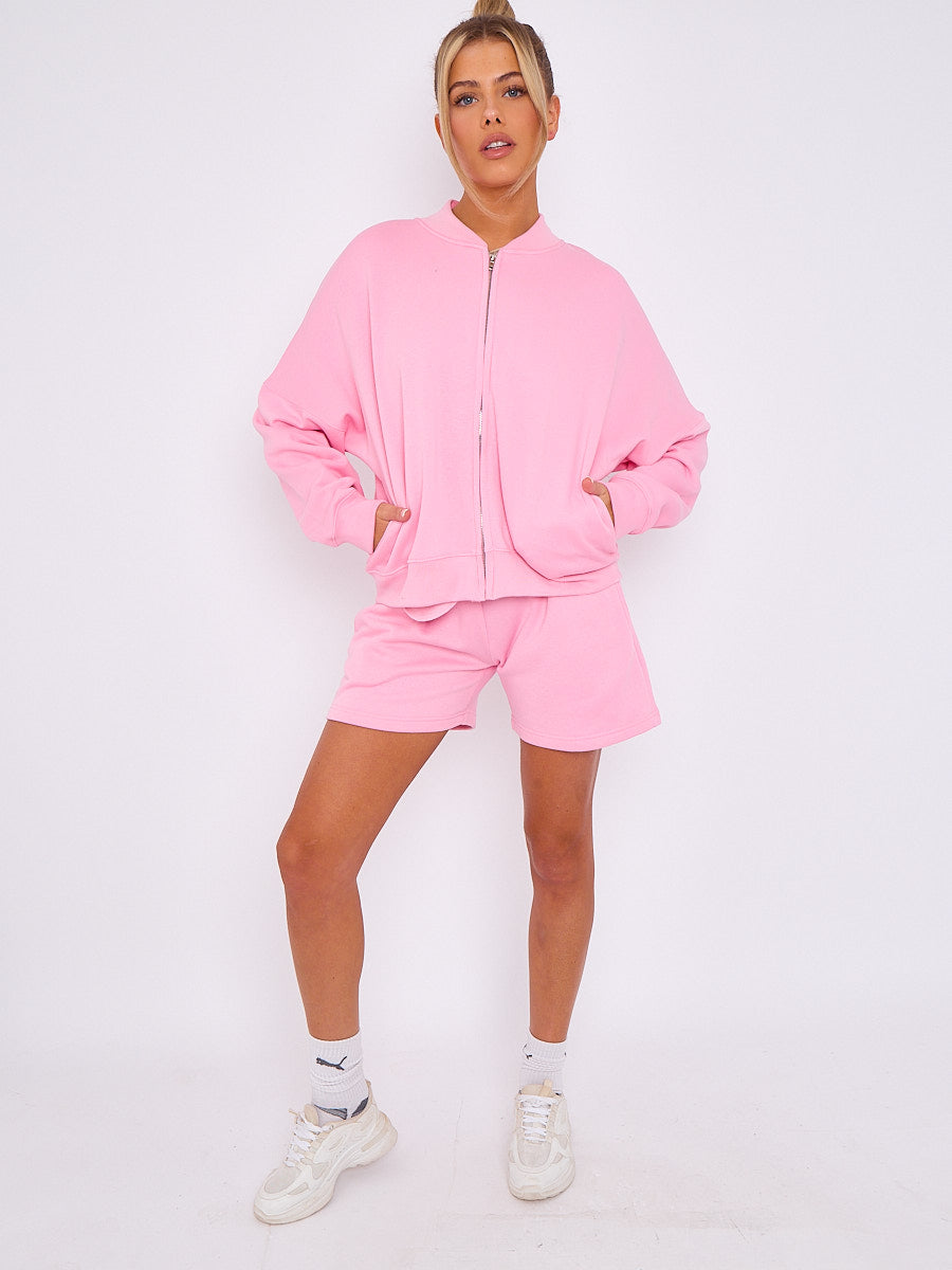 Oversized Bomber Style Fleece Zipper & Shorts Co-ord