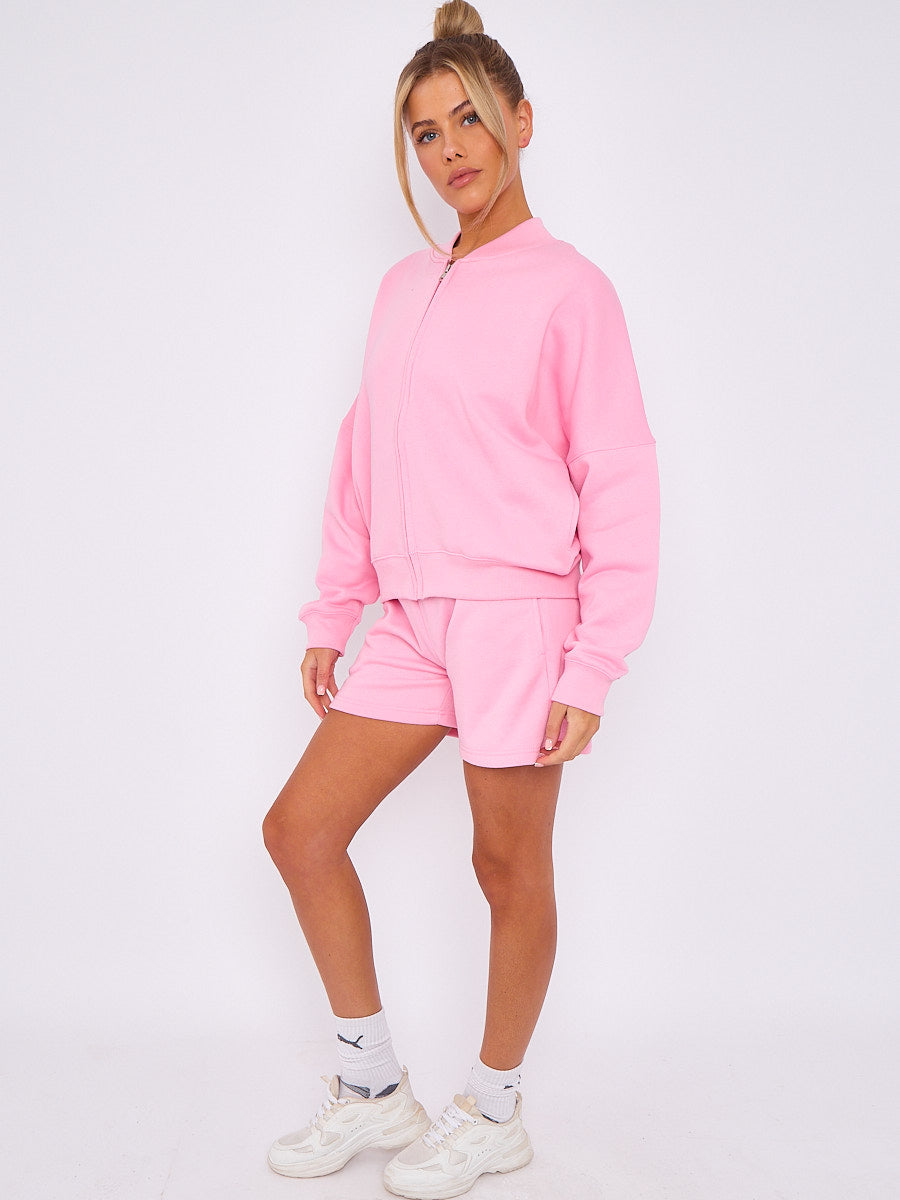 Oversized Bomber Style Fleece Zipper & Shorts Co-ord