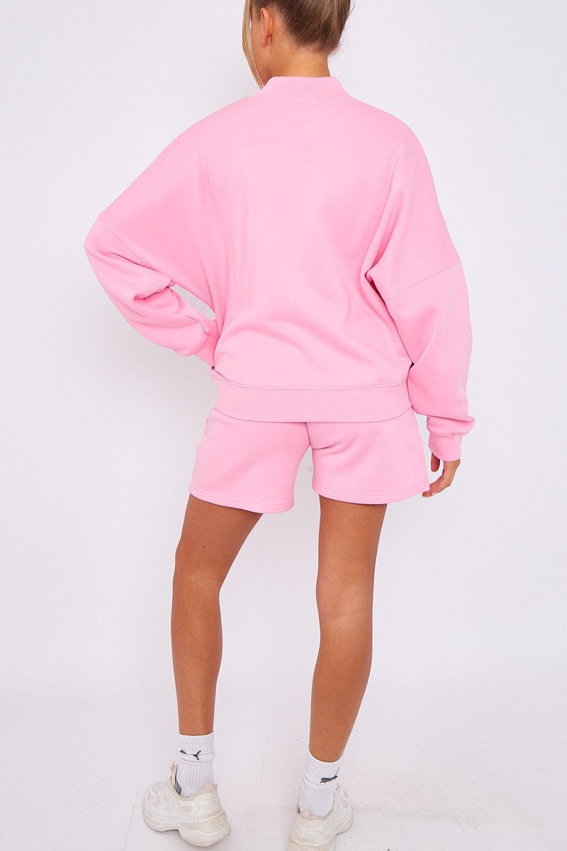 Oversized Bomber Style Fleece Zipper & Shorts Co-ord