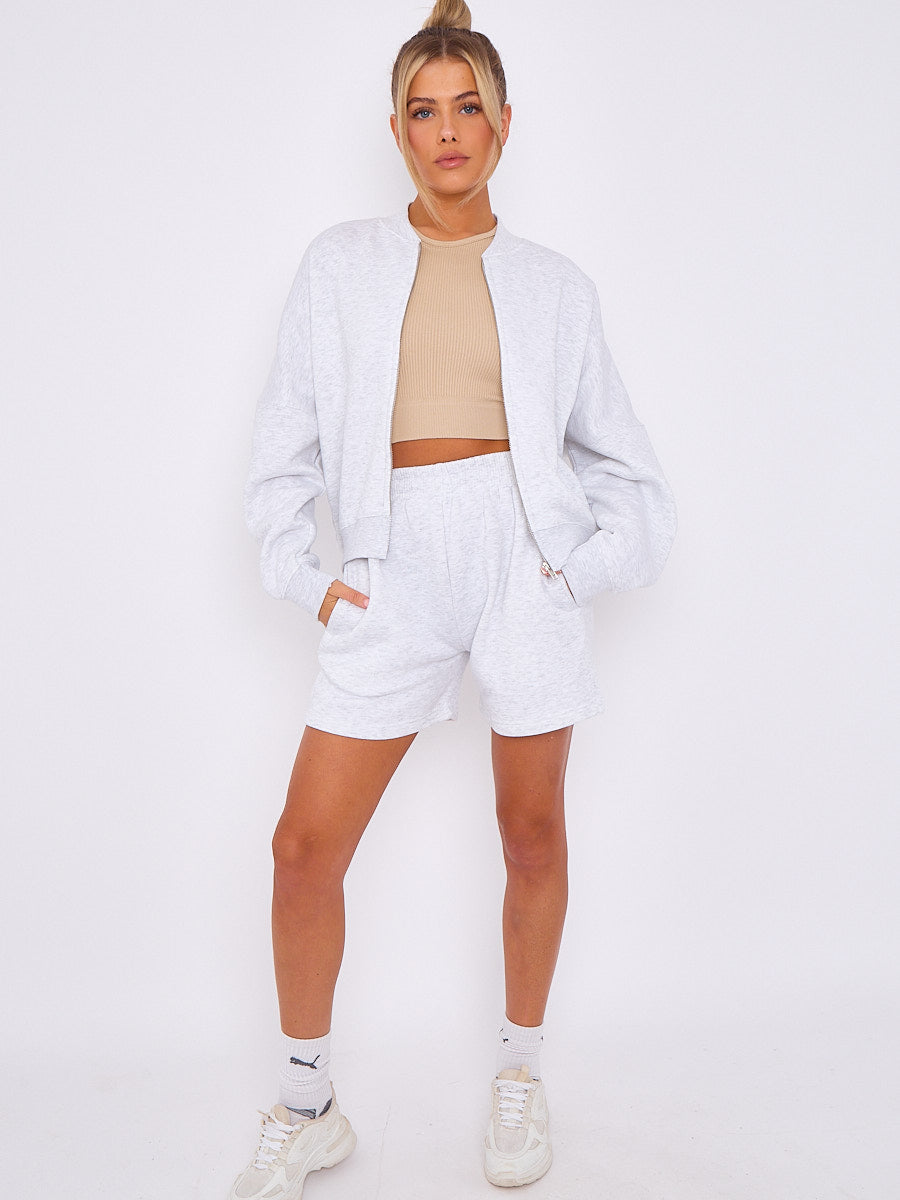 Oversized Bomber Style Fleece Zipper & Shorts Co-ord