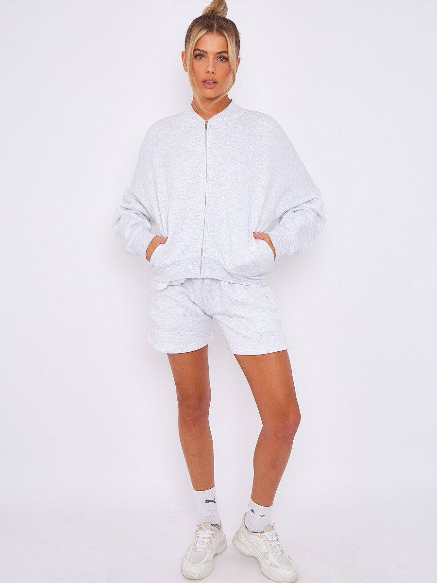 Oversized Bomber Style Fleece Zipper & Shorts Co-ord