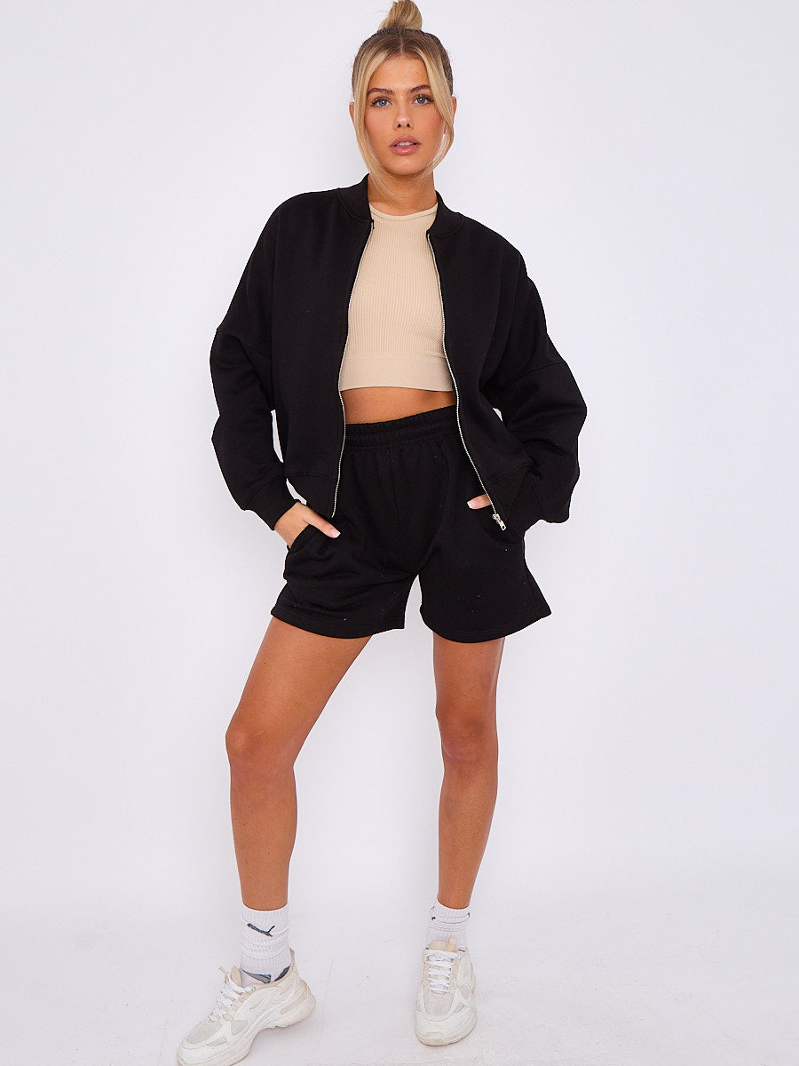 Oversized Bomber Style Fleece Zipper & Shorts Co-ord