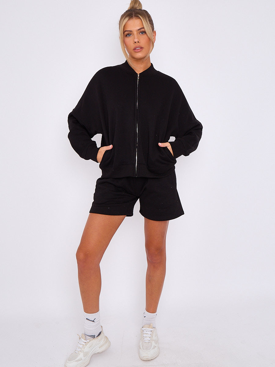 Oversized Bomber Style Fleece Zipper & Shorts Co-ord