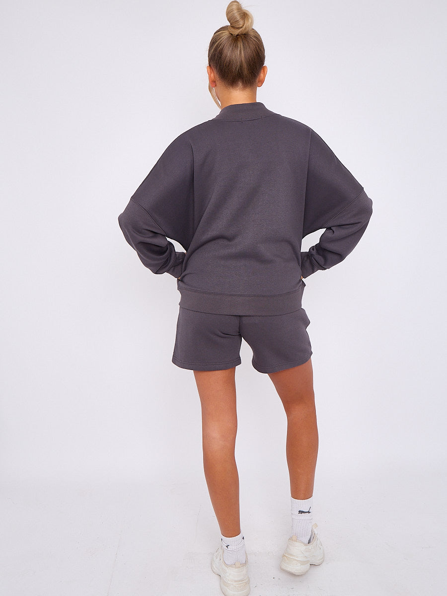 Oversized Bomber Style Fleece Zipper & Shorts Co-ord