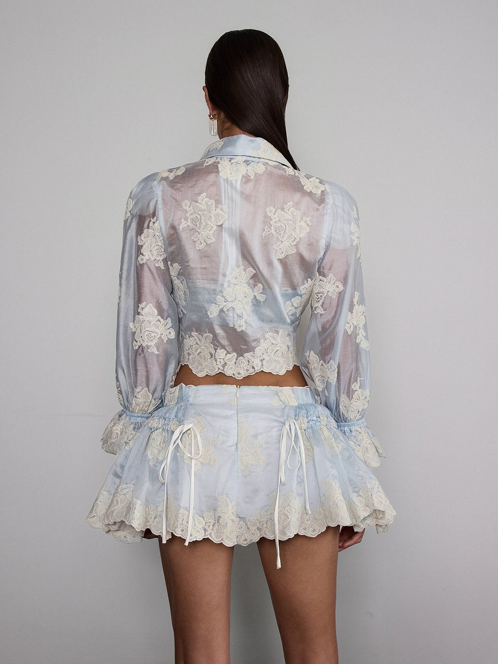 Velyxyn Balloon Sleeve Floral Embroidered Skirt Set