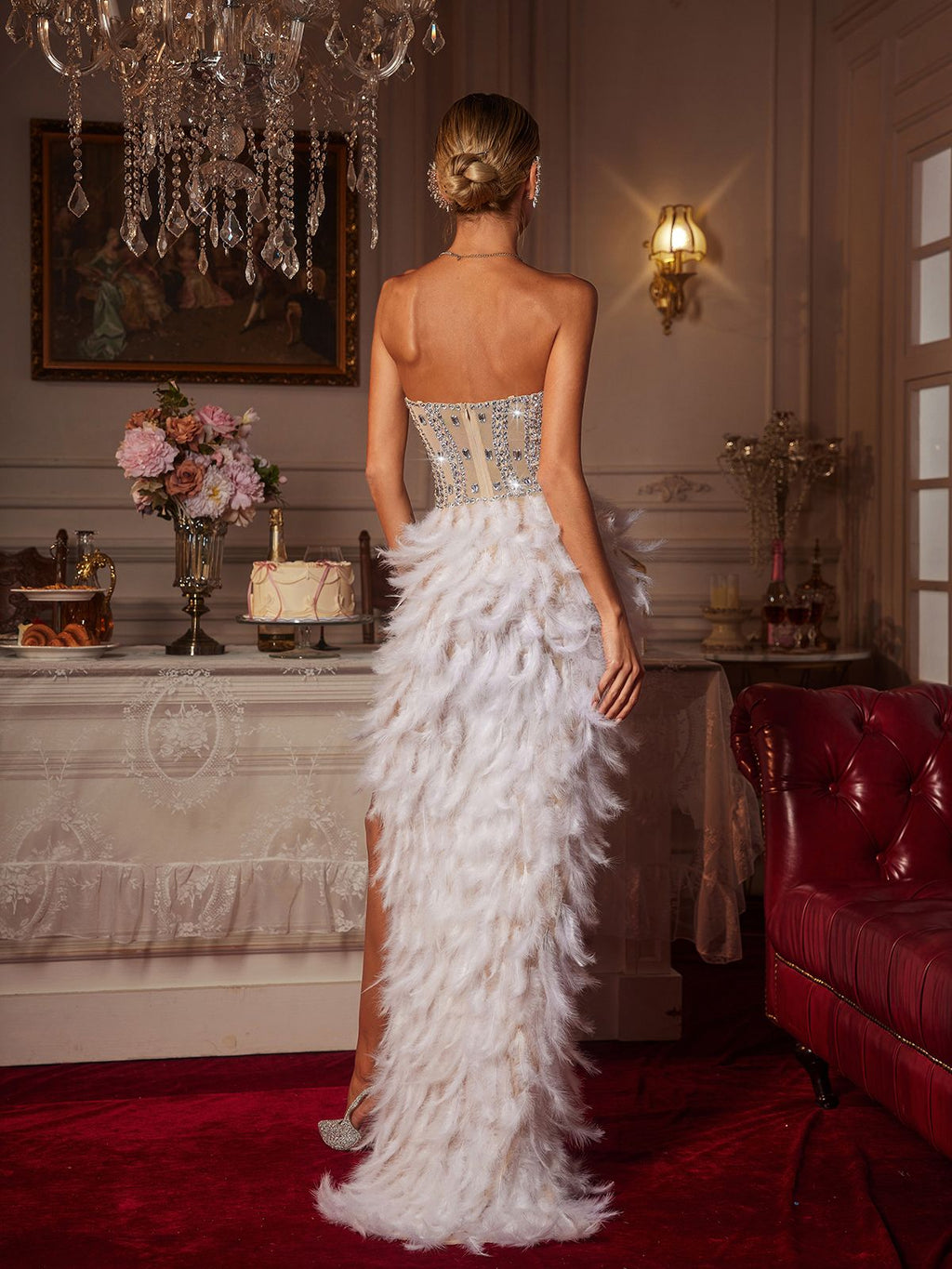 Vieby Strapless Rhinestone Feather Maxi Dress In White