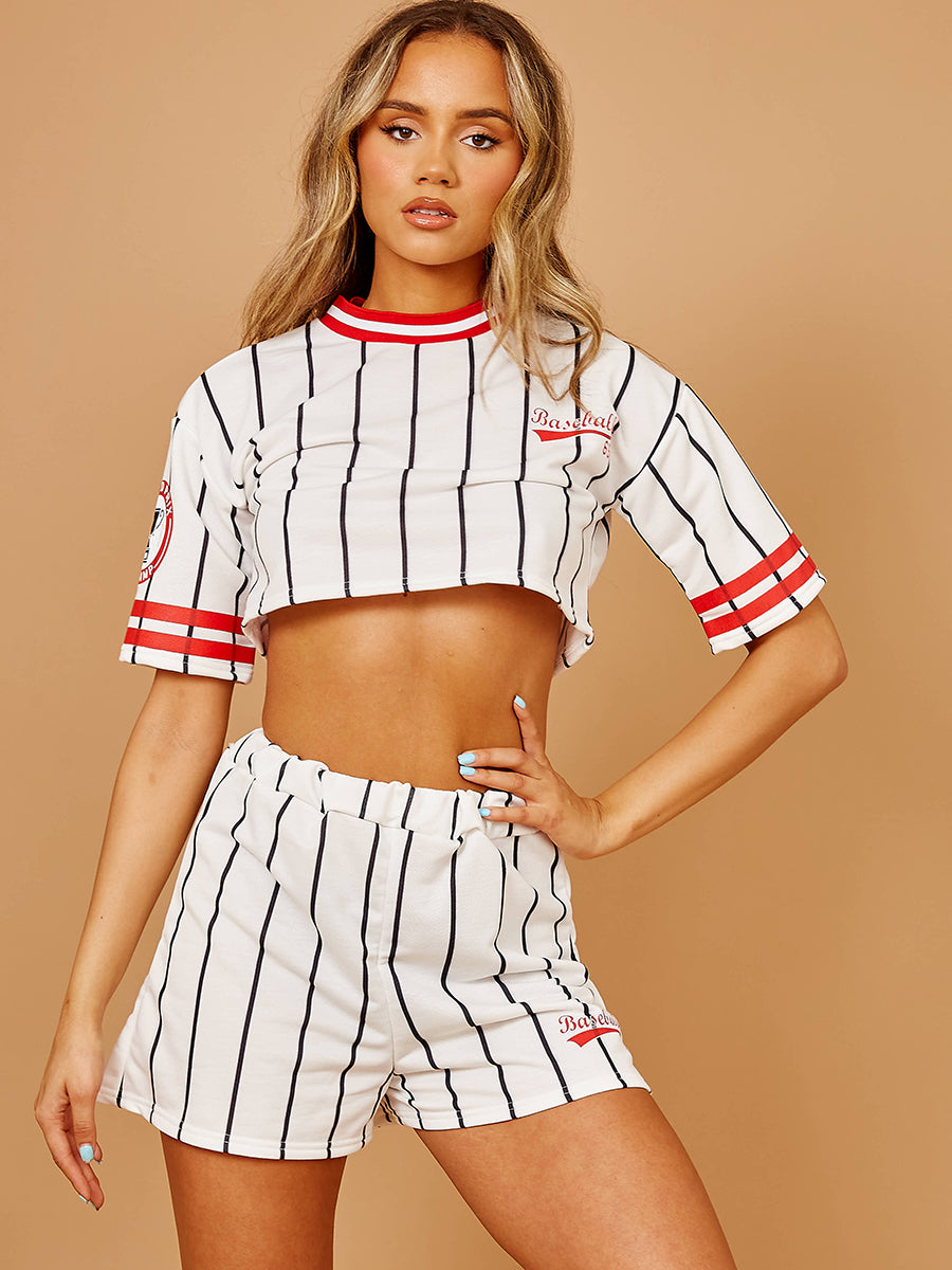 Baseball Striped Crop Top & Shorts Co-ord