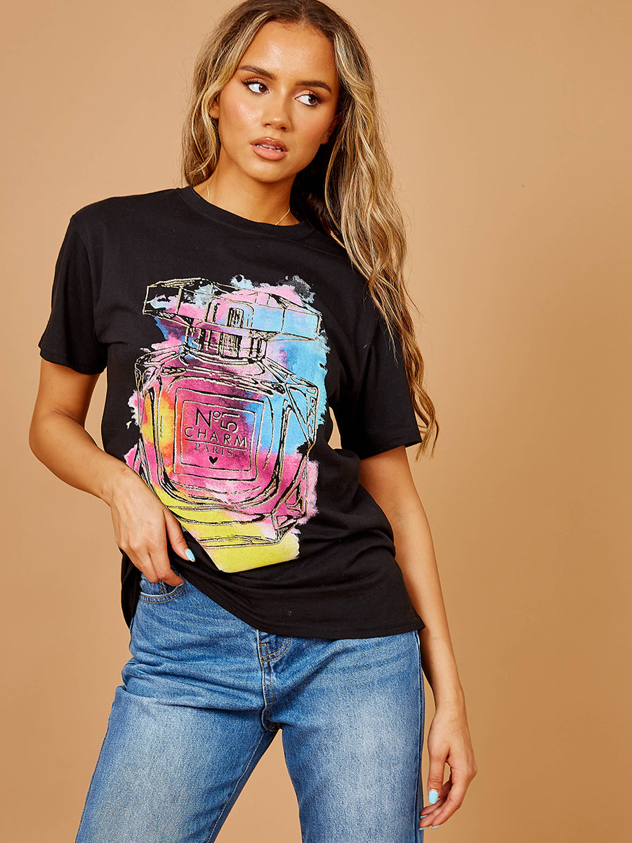 Colourful Perfume Graphic Glitter Detail T-Shirt
