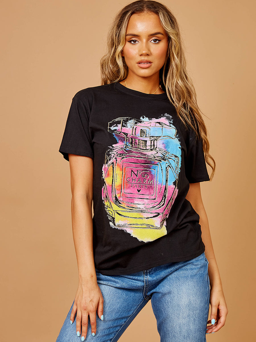 Colourful Perfume Graphic Glitter Detail T-Shirt